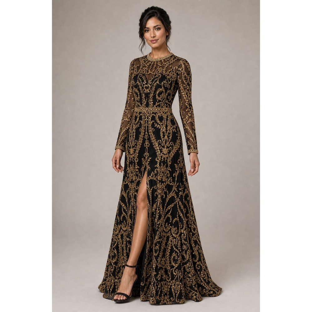 Ava Presley Gown 12 Black Gold Excellent Sequin Open Back Formal Style 115808